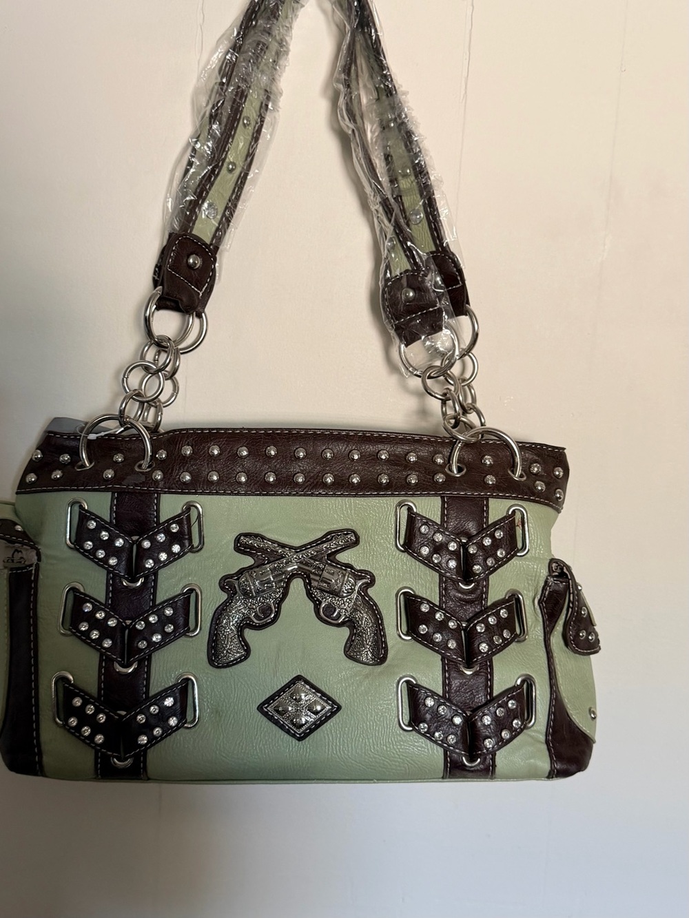 Western Green Brown Studded Gunslinger Rhinestones Shoulder Bag Pockets 14โ x 8โ
